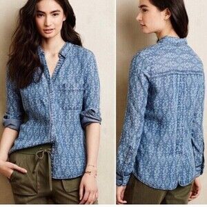 Anthropologie Holding Horses Size 2 Chambray Denim Ikat L/S Button Down Shirt